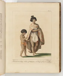 Una mujer y un niño, nativos de Otaheite, ilustración de Un diario de un viaje a los mares del sur: en el barco de Su Majestad, el Endeavour, 1794